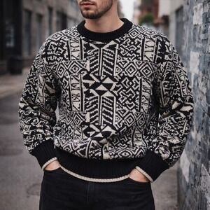 Vintage 90s Oakton‎ Limited Sweater Graphic Knit Korea Men's Large Black White